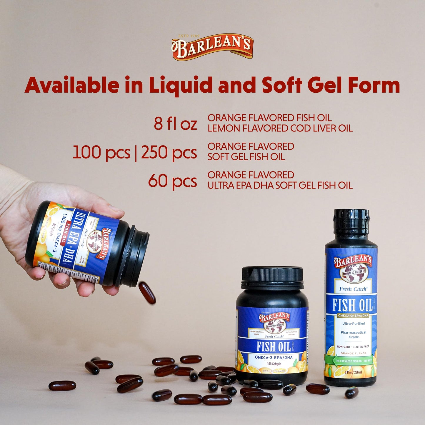 Barlean's Omega 3 Fish Oil Supplements, Supplement Softgels for Men and Women, 600mg EPA and DHA Fatty Acids, Orange Flavored, 100 Count