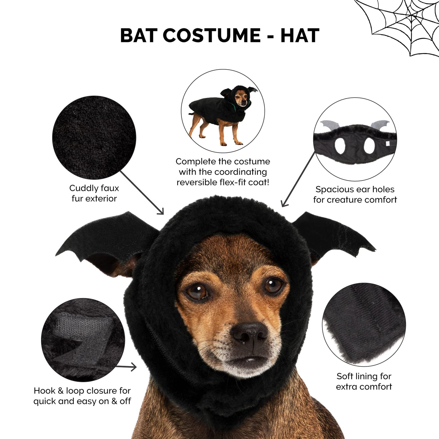 Furhaven Medium Dog Hat, Washable & Cozy - Plush Faux Fur Flex-Fit Black Bat Dog Hat Costume - Black, Medium