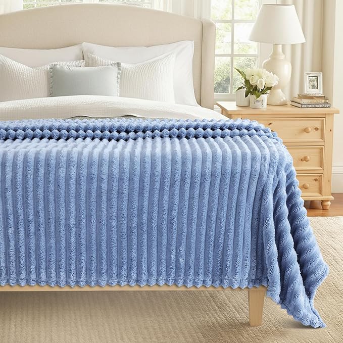 decorUhome Soft Fleece Blue Grey Blanket Queen Size for Bed, Cozy Fluffy Plush Flannel Large Striped Throws for Couch Sofa, Lightweight Decorative Fuzzy Blanket for Woman, 90x90 Inches