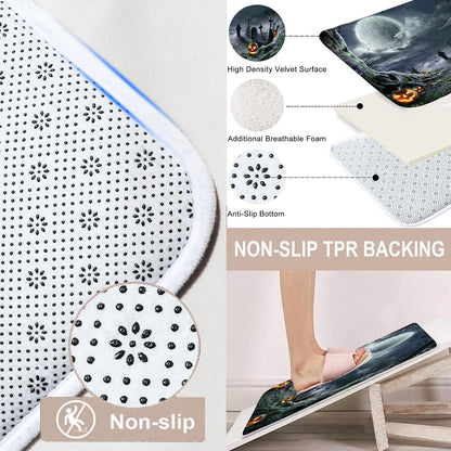 4PCS Halloween Shower Curtain Set with Non-Slip Rug, Toilet Lid Cover and Bath Mat, Moon Night Forest Pumpkin Shower Curtain with 12 Hooks, Waterproof Shower Curtain for Halloween Bathroom Decor