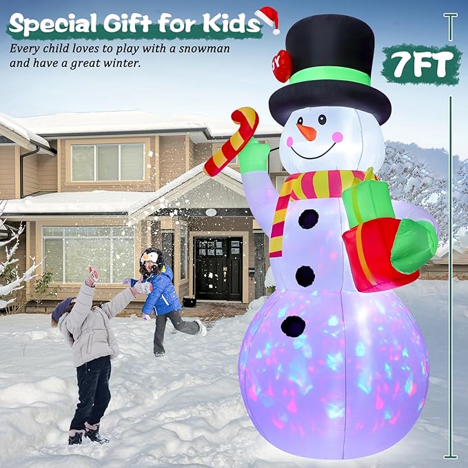 FunFanso 7FT Christmas Inflatable Snowman Outdoor Decoration, Giant Blow up Snowman Holds Candy and Gift Boxes, Built-in Rotating Colourful Lights for Yard, Garden, Patio, Lawn Xmas Holiday Decor
