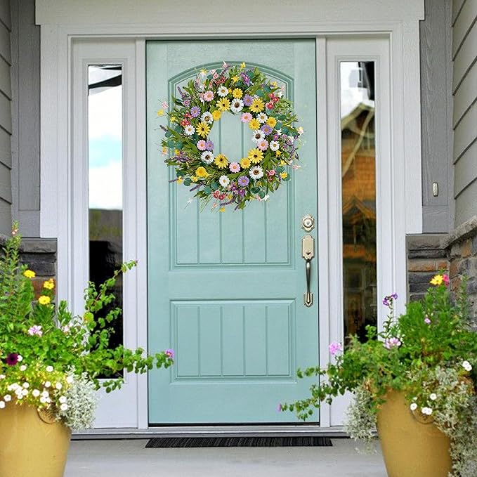 Spring Wreath 22 Inch Artificial Summer Wreath with Yellow Daisy Flowers Green Eucalyptus Leaves Lavender Spring Wreaths for Front Door Home Farmhouse Porch Wall Easter Festival