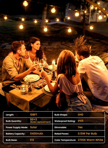 Brightown 108FT Solar String Lights Outdoor with Remote and 52 LED Shatterproof Bulbs, Dimmable & Timable, 3 Light Modes, Solar Patio String Lights Outdoor for Cafe, Garden, Deck, Outside Wedding