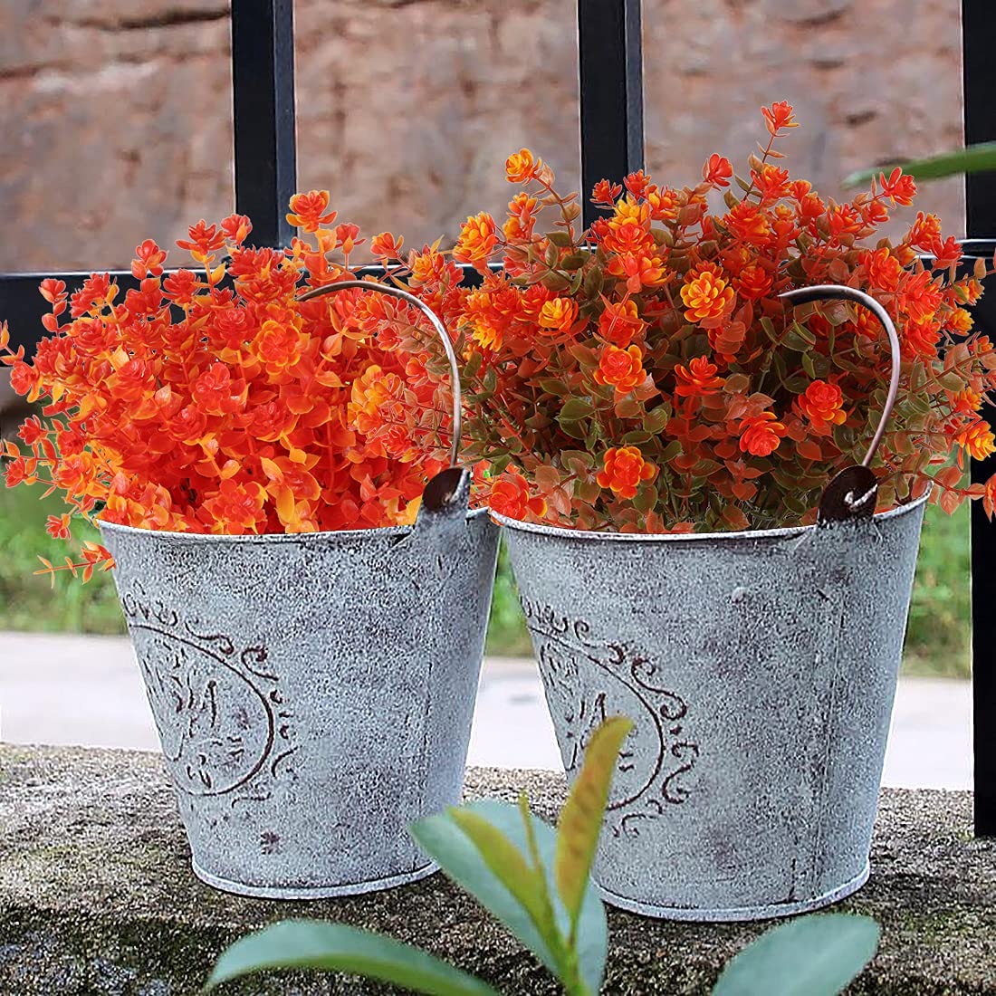 RECUTMS 8 Bundles Artificial Fall Flowers No Fade Faux Autumn Plants, Fake Indoor Outdoor Greenery Decorations for Thanksgiving Christmas Wedding Party Home Garden Fireplace Décor (Green Orange)