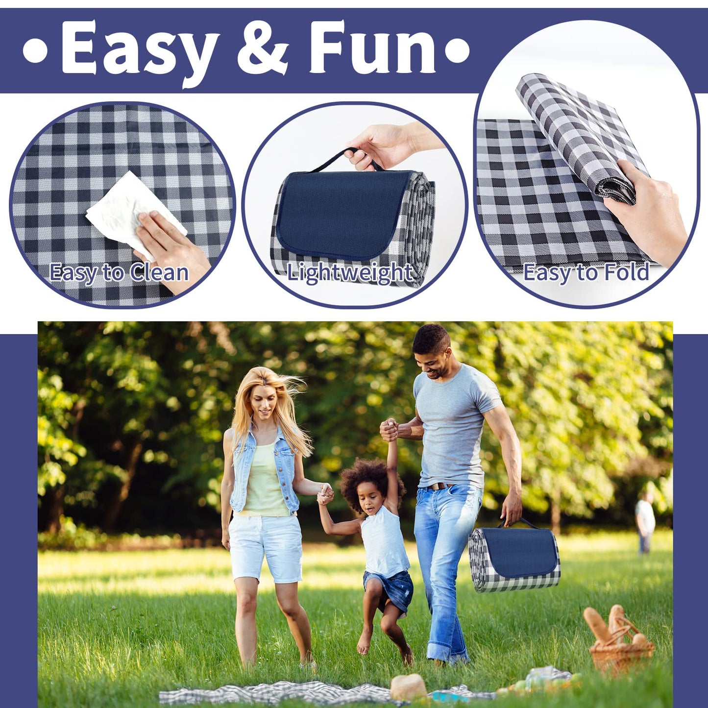Habaylin Picnic Blanket Waterproof, Extra Large Picnic Mat 200 X 200 cm, Camping Beach Blanket Washable Foldable, Camping Accessories for Outdoor Activities (Dark Blue)