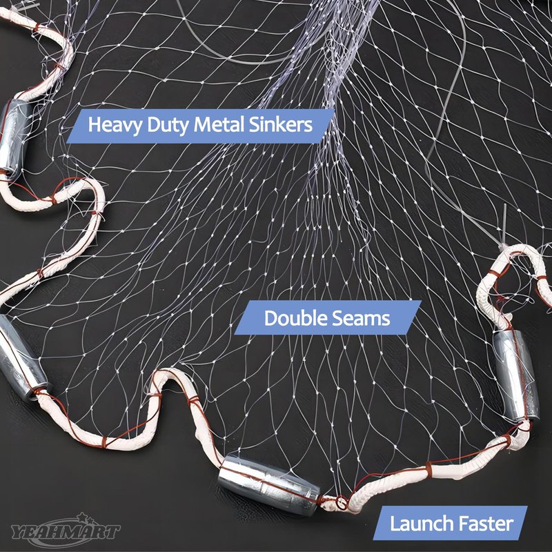 Yeahmart Handmade American Saltwater Fishing Cast Net with Heavy Duty Real Zinc Sinker Weights for Bait Trap Fish 9Ft Radius, 3/8 Inch Mesh Size