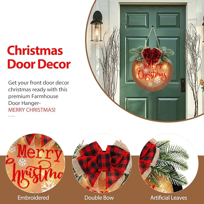 HOMCDALY Christmas Welcome Sign for Front Door, Winter Merry Christmas Wreath, Farmhouse Door Decoration Wooden Hanging Sign, Christmas Decoration (F-Xmas)