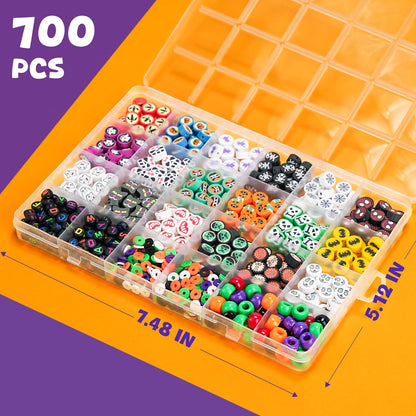 Gionlion 700 Pcs Halloween Polymer Clay Beads Bracelet Making Kit, Pumpkins Skulls Ghosts Spiders Bats Pony Letter Beads for Halloween Party Favors, Toys Gifts for 4+ Year Old Kids