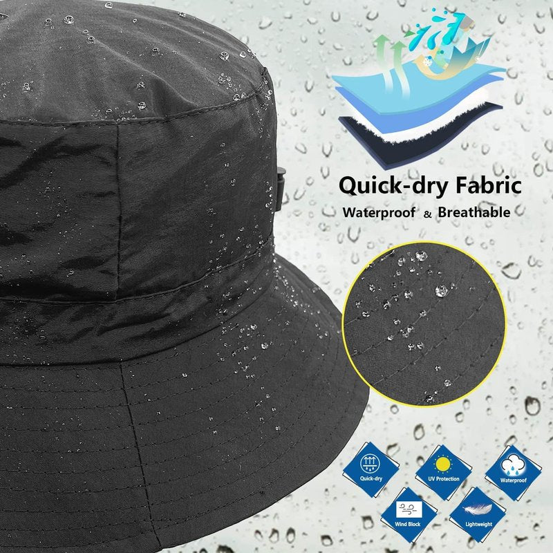 Waterproof Bucket Rain Hat - Quick Dry Packable Boonie Hat with UV Protection | Adjustable Chin Strap