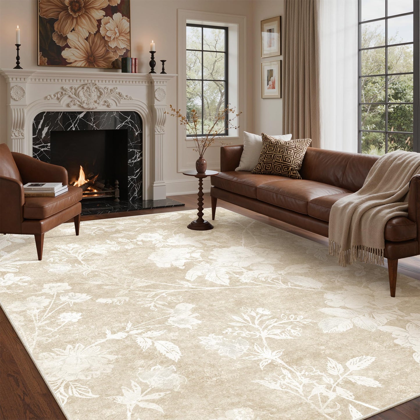 Soalmost Floral Washable Rugs 6x9 for Living Room, Oriental Flower Neutral Area Rug with Soft Low-Pile Non-Slip Thin Throw Carpet for Bedroom Farmhouse Dining Room Nursery Home Office (6'x9',Beige)