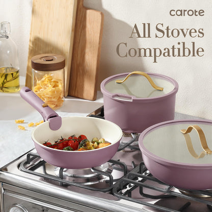 CAROTE 5pcs Pots and Pans Set, Nonstick Cookware Set Detachable Handle, Induction Kitchen Cookware Sets Non Stick with Removable Handle, RV Cookware Set, Gold and Purple