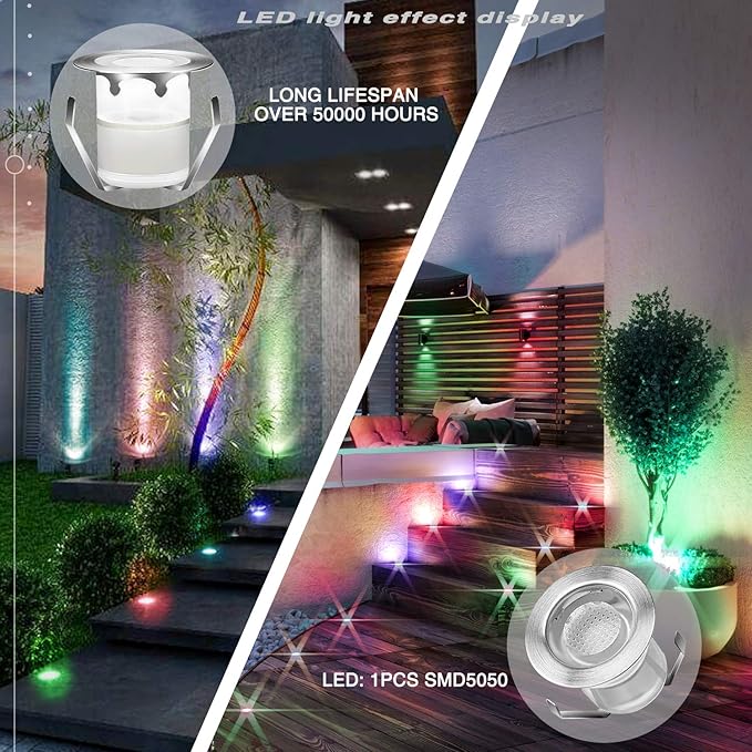 Pack of 10 LED Deck Light Kit 0.1W-0.3W Low Voltage Multi-Color RGB Outdoor Lighting 6Lm IP67 Waterproof Outdoor Step Stairs Garden Yard Patio Landscape Decor Lighting