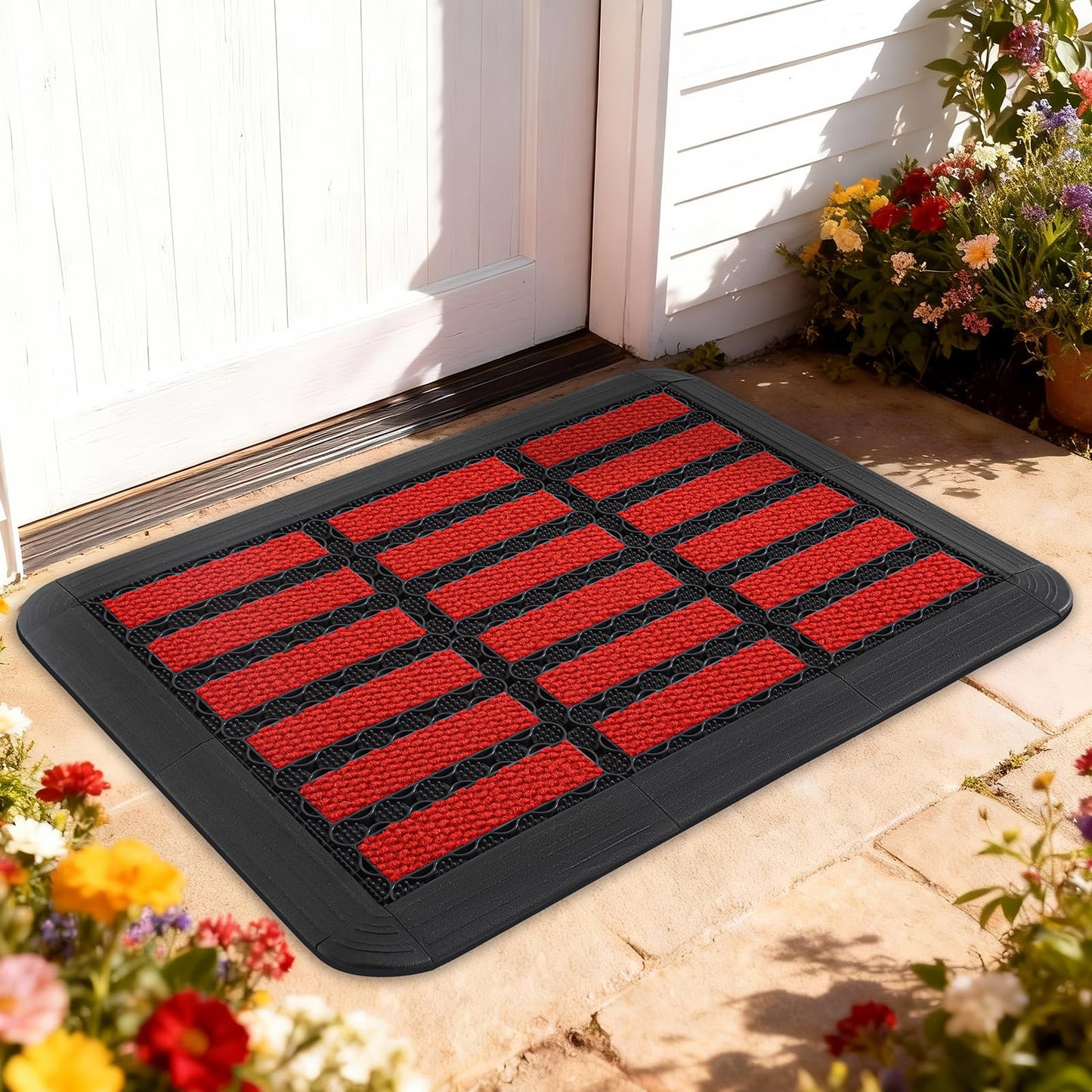 Linoows Heavy Duty Door Mat - DIY Interlocking Design, Dirt Trapper Front Doormat, 27.5x19.7 Inch All-Season Welcome Door Mats Non-Slip for Indoor Outdoor Entrance Home Commercial, Black & Red