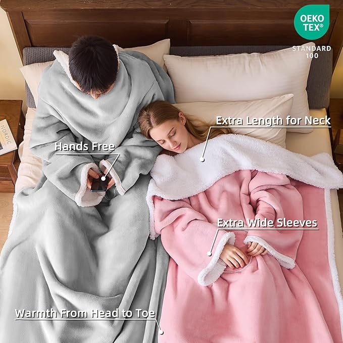 IFNOW Sherpa Wearable Blanket with Sleeves for Women Men Adults, Cozy Wearable Blanket with Arm and Pocket, Warm Full Body TV Wrap Throw Blanket, Soft Robe Blanket as Gifts for Mom Wife, Grey