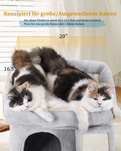 Aechonow 14in Cat Tree Tower with 20 * 16.5in Perch Bed and Washable Top for Large Adult Cats, Condo and Scratching Post for Indoor Kitten Pet, Light Gray