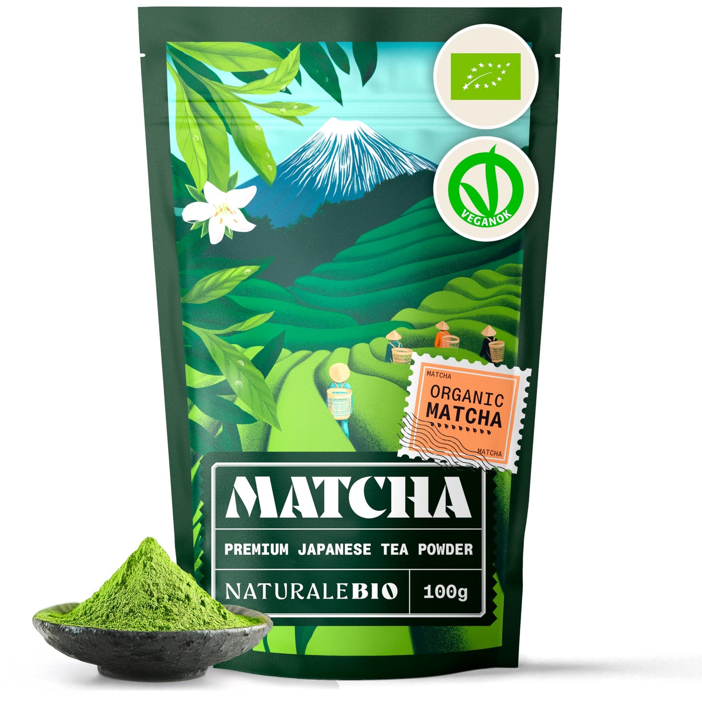 NaturaleBio Japanese Organic Matcha Green Tea Powder - Premium Grade-100g. Produced in Japan, Uji, Kyoto. Use for Drinking, Cooking, Baking, Smoothie Making and with Milk. Vegan & Vegetarian Friendly