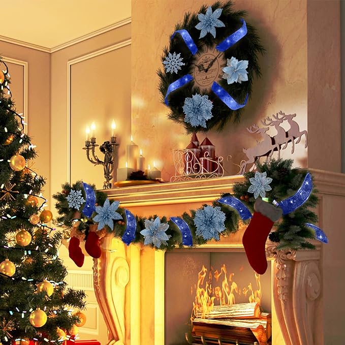 72Pcs Poinsettia Christmas Flowers Decorations with Christmas Ribbon, Blue Christmas Decorations,9 Styles Glitter Artificial Poinsettia Christmas Tree Ornaments for Wreath Garland Holiday Decor(Blue)