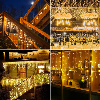 kemooie 400 LED Outdoor Curtain Lights, 26.2FT x 3.3FT Curtain String Lights with 8 Shining Modes for Indoor Ceremony Birthday Christmas Party Bedroom Balcony Roof Decorations (Warm White)