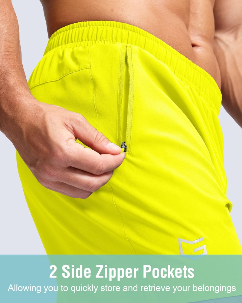 G Gradual Men's Athletic Running Shorts with Zipper Pockets Quick Dry 7"/ 5"/ 9" Workout Gym Shorts for Basketball Hiking(Fluorescent Yellow,9L)