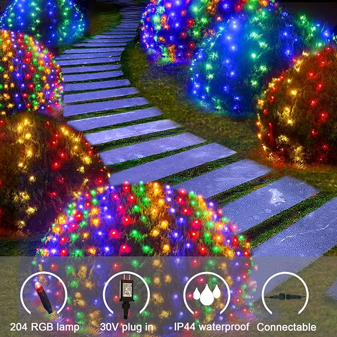 Obrecis Christmas Outdoor Net Lights, 204 LED 35 Color Changing Mesh Lights, 9.8 ft x 6.6 ft Waterproof Connectable Multicolored Halloween String Lights for Bushes Xmas Tree Wedding Party Home Decor