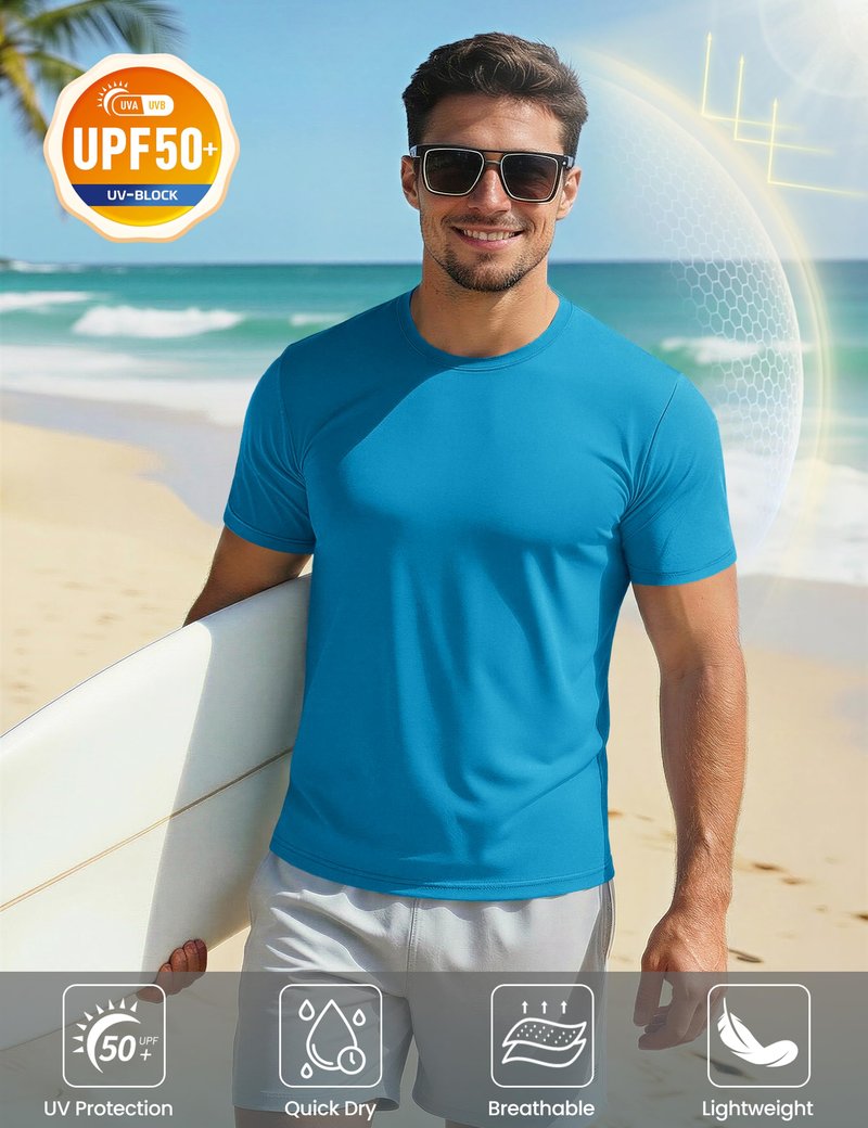 Mens Sun Shirts Quick Dry T-Shirt Short Sleeve Running Shirt Sun Protection UPF 50 Performance Shirts Blue Green