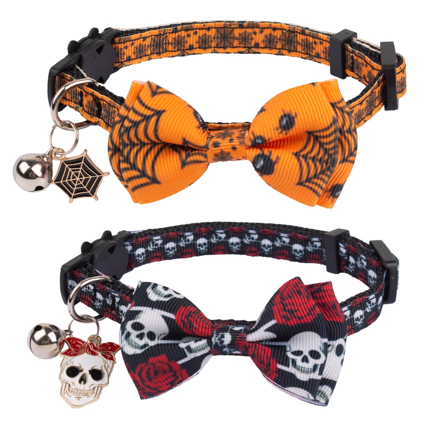 ADOGGYGO Halloween Cat Collars with Bow Bell, Breakaway Kitten Bowtie Collar Spider Web Skull Halloween Collars for Girl Boy Cats Kittens