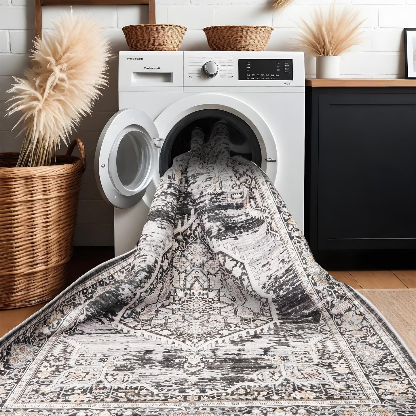8x10 Rug Washable Area Rugs: Large Soft Living Room Rug - Distressed Stain Resistant Floor Carpet - Machine Washable Foladable Low Pile Area Rugs 8'x10' Black