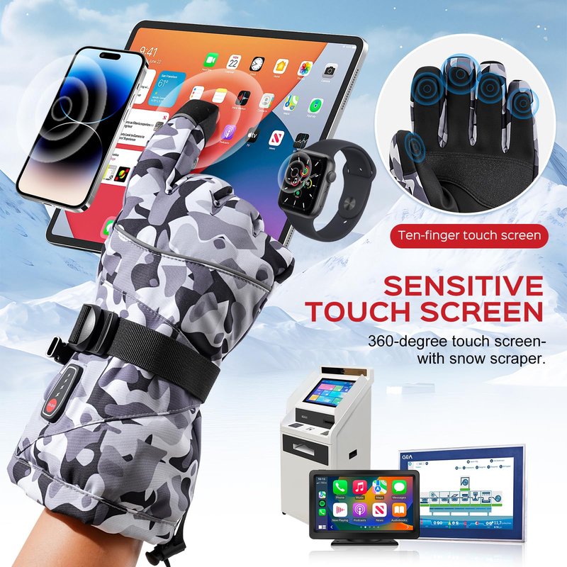 Acroutro Heated Gloves for Men&Women, 5-Temp Settings Camouflage Rechargeable with 7.4V 6400mAh Rechargeable Battery, Waterproof Touchscreen Winter Gloves for Skiing,Motorcycle, Work, Hunting（L）