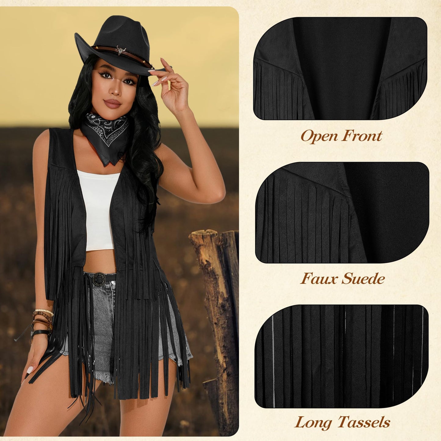 GERVAISE Womens Western Cowgirl Costume 70s Hippie Tassels Fringe Vest outfit Hat 5pcs (Black, Large)