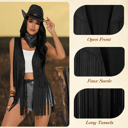 GERVAISE Womens Western Cowgirl Costume 70s Hippie Tassels Fringe Vest outfit Hat 5pcs (Black, Large)