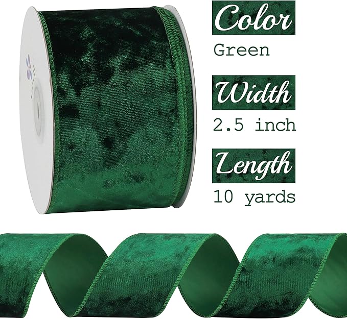 MEEDEE Green Velvet Wired Ribbon 2.5 inch Crushed Velvet Christmas Ribbon 10 Yards for Christmas Tree Decoration, Wreath Supplies, Crafts Bow, Gift Wrapping, Wedding Decor and Accents