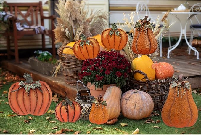 Metal Pumpkin Stakes Yard Signs Fall Decor Decorative Garden Stake Lawn Pumpkins Ornaments Outdoor Autumn Decoration for Harvest Halloween Thanksgiving (17.5" H Orange x2)