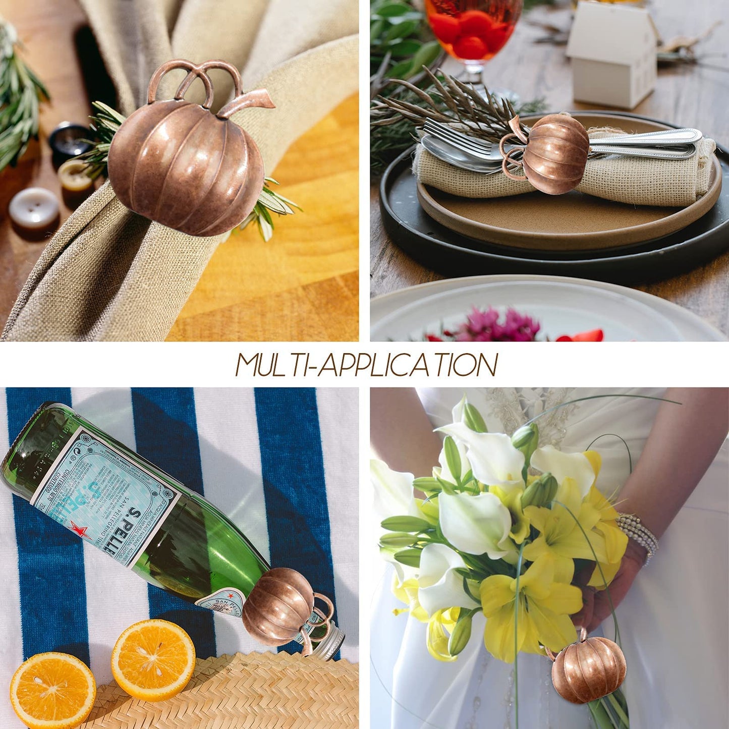 Halatool Set of 12 Thanksgiving Napkin Rings- Fall Harvest Pumpkin Napkin Holder, Alloy Dinner Tables Napkin Ring Decoration for Thanksgiving Halloween Weddings Holidays Gathering Party (Bronze)