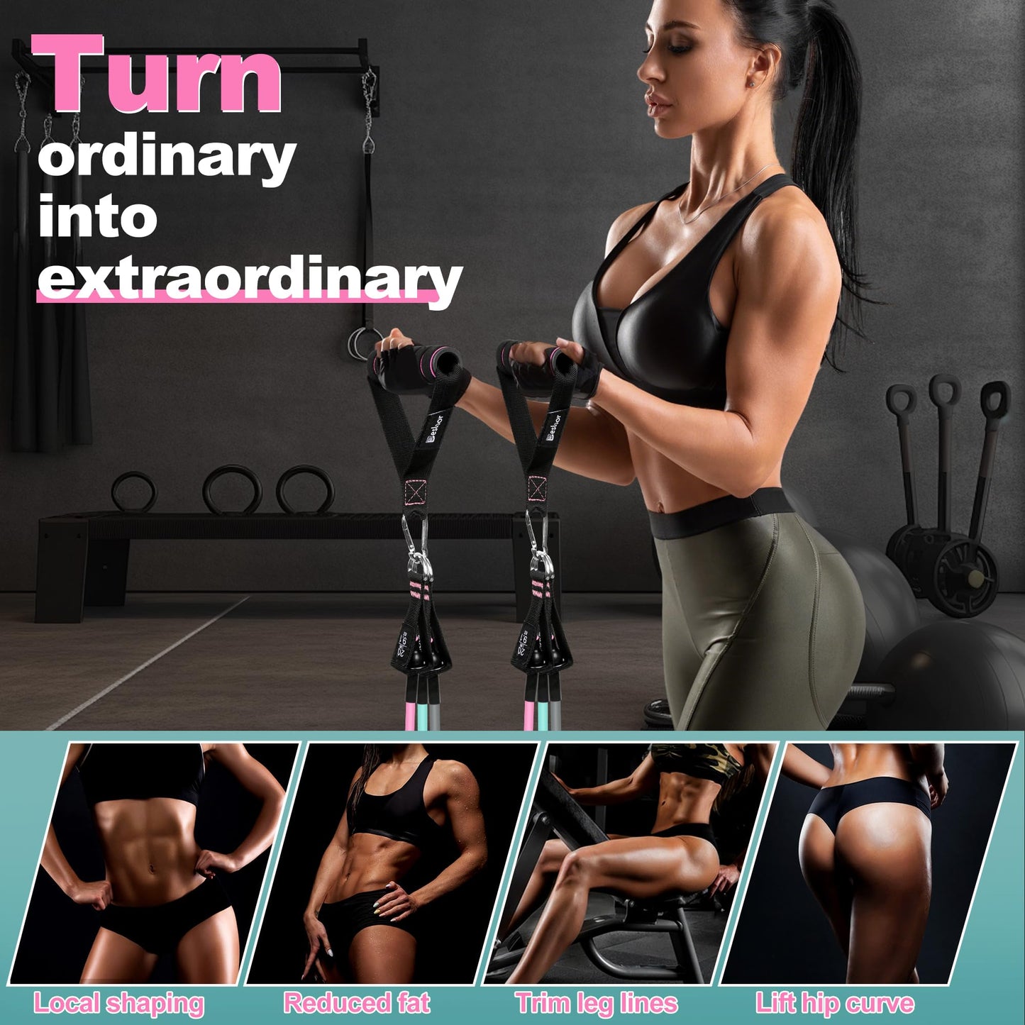 Besloor Resistance Band Set. Exercise Bands with Handles, Door Anchor and Ankle Strap. Home Gym, Supports Full-Body Workouts - with Training Guide and Fitness Video (Pink)