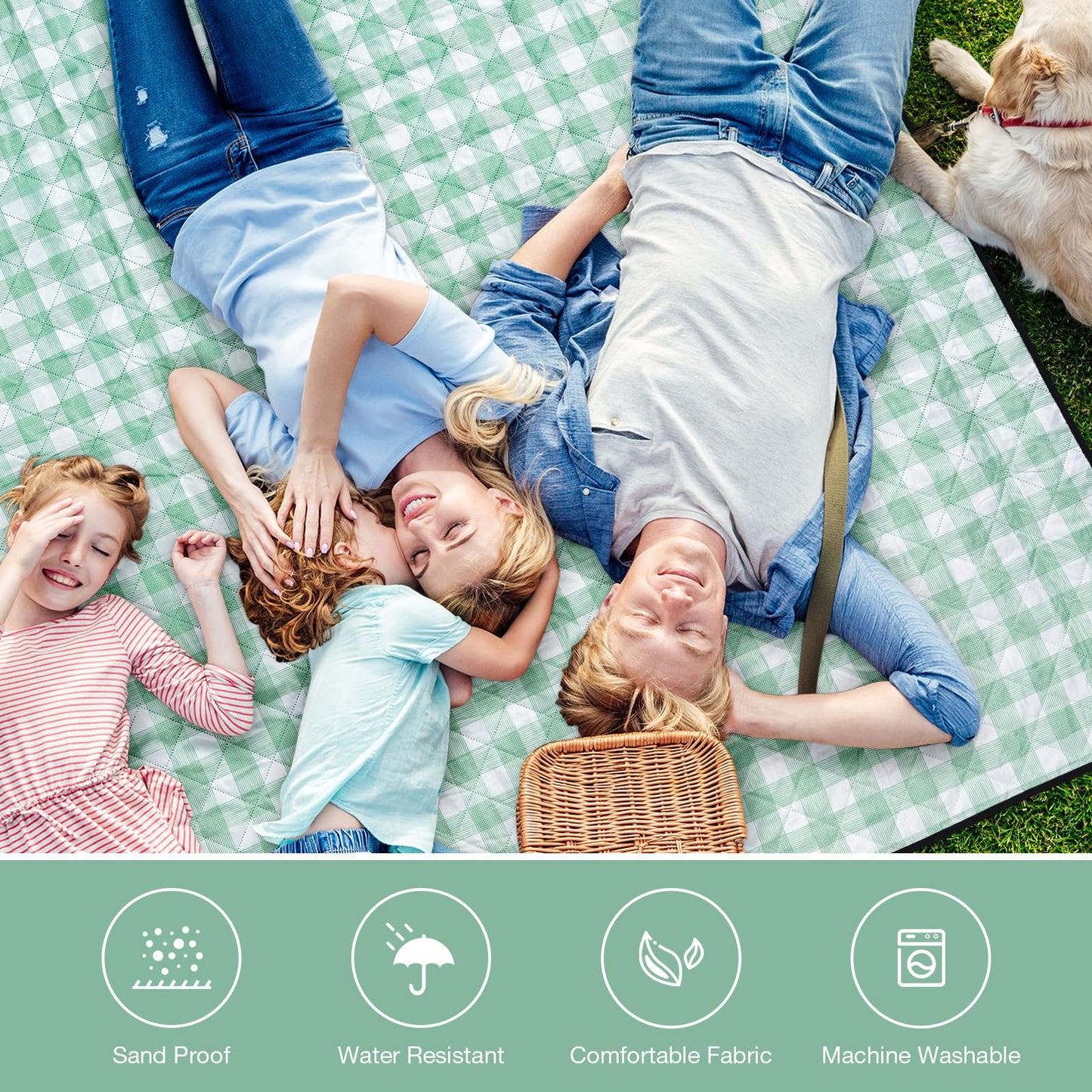 WILLOW WEAVE Picnic Blanket, 80''x80'' Waterproof Outdoor Blankets, Picnic Mat Washable for Beach, Picnic Blankets for Camping on Grass with Shoulder Strap - Green & White