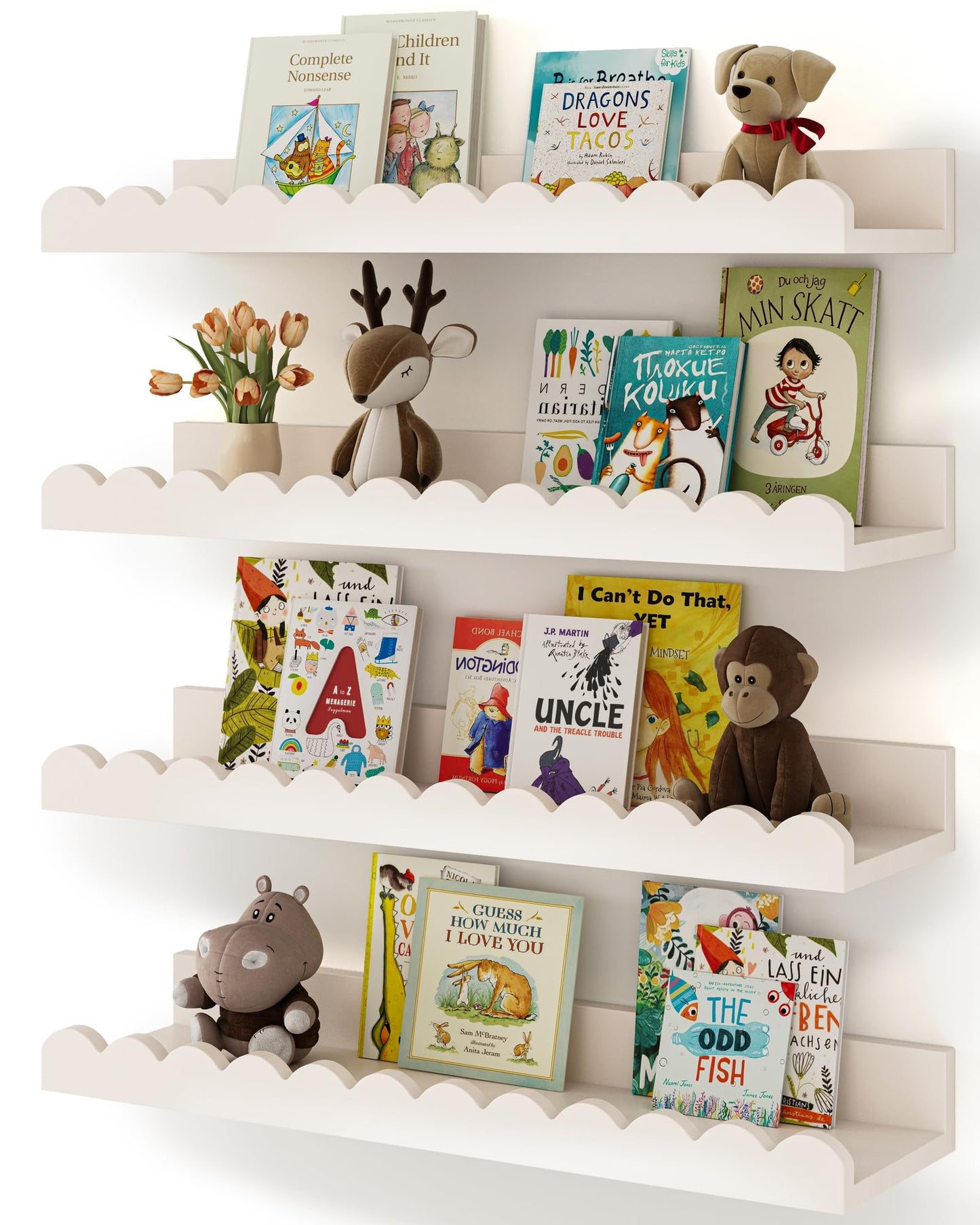 4-Pack White Floating Shelves for Wall, Nursery Book Shelf, Scalloped Design, Kids Bedroom, Toddler Room, Baby Room Decor