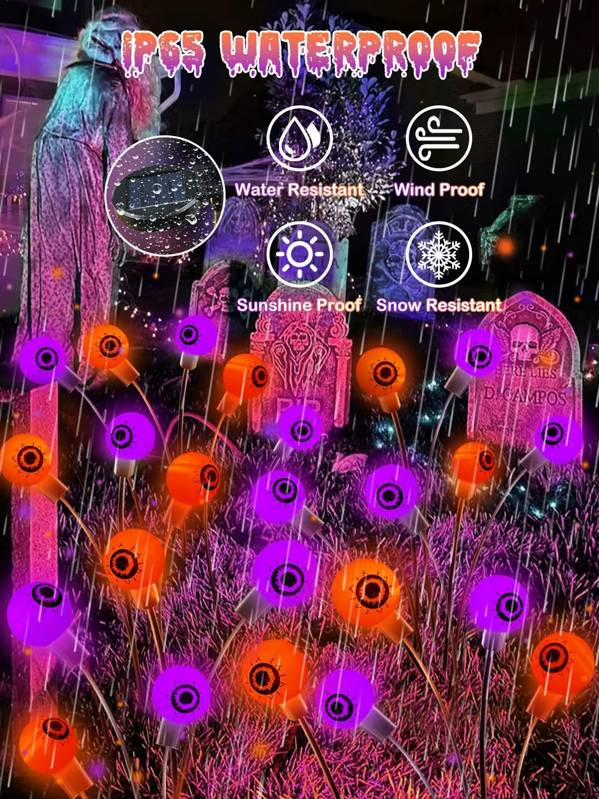 6 Pack Halloween Decorations Outdoor Solar Eyeball Lights, Purple and Orange Scary Eyeball Swaying Firefly Lights with 2 Modes, Waterproof Halloween Pathway Lights for Yard Garden Lawn Party Decor