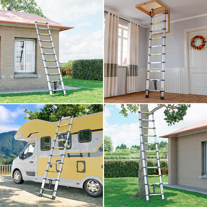 Telescopic Ladder, 3.2M Stainless Steel Thickened High-Strength Loft Ladder, Portable Ladders Extendable with Non-Slip Feet Adjustable Height for Roof Attic Caravans