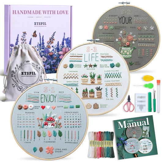 ETSPIL Embroidery Kit for Beginners & Adult, 3-Pack 33-Stitch Floral Samplers, Pre-Stamped Designs, 7.8-Inch Hoop, Threads, Needles, Storage Bag, Guide & Video, DIY Craft Gift for Women