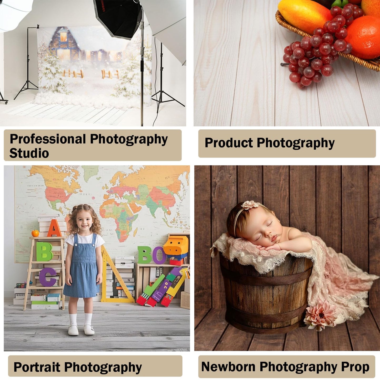 Kate Grey Wood Rubber Photography Floor Mat, Non-Slip Retro Wood Printed Floor Backdrop, Foldable Newborn Photography Drops Photo Studio Props 5x4ft