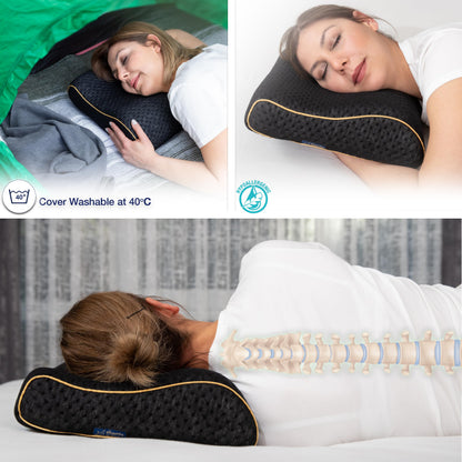 alkamto Travel Pillow - Ergonomic Neck Support Camping Memory Foam Pillow with Temperature-Regulating Pillowcase - Included Waterproof Travel Carry Bag (Black Contour)