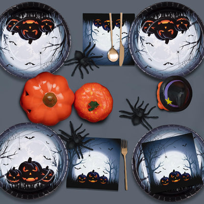 Gatherfun Halloween Party Supplies Anger Black Pumpkin Disposable 10 inch Big Paper Plates and Paper Napkins for Spooky Halloween Party Decorations Serve 50