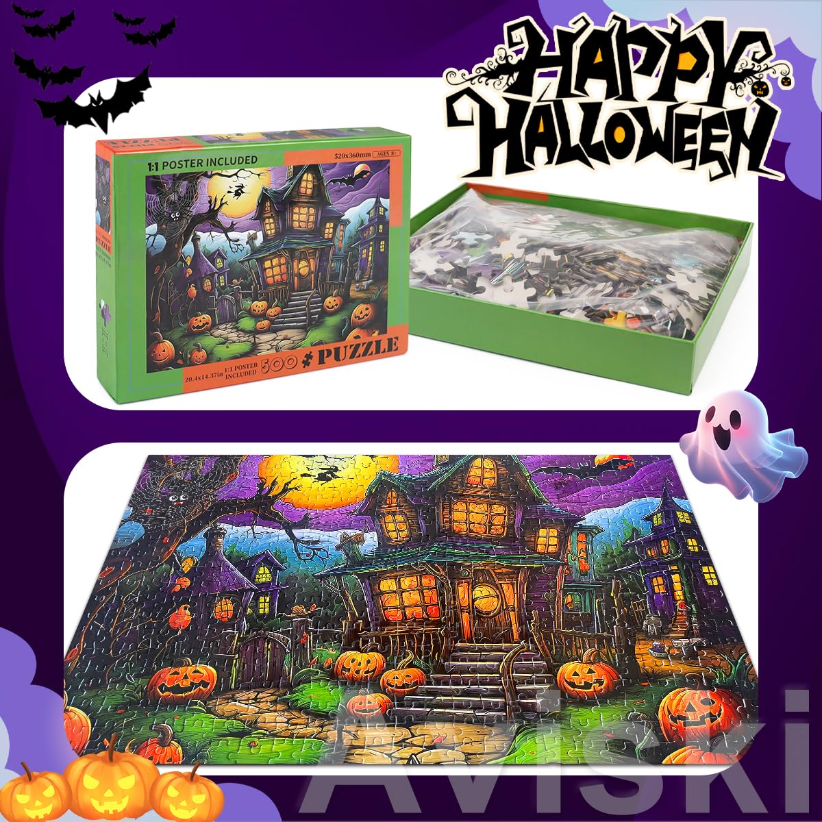 Halloween Jigsaw Puzzles with 1:1 Reference Poster, 20.4 × 14.4inch for Adults and Kids - 500 Pieces Puzzles, Haunted House Educational Games Gift for Elders Children Family, Friends