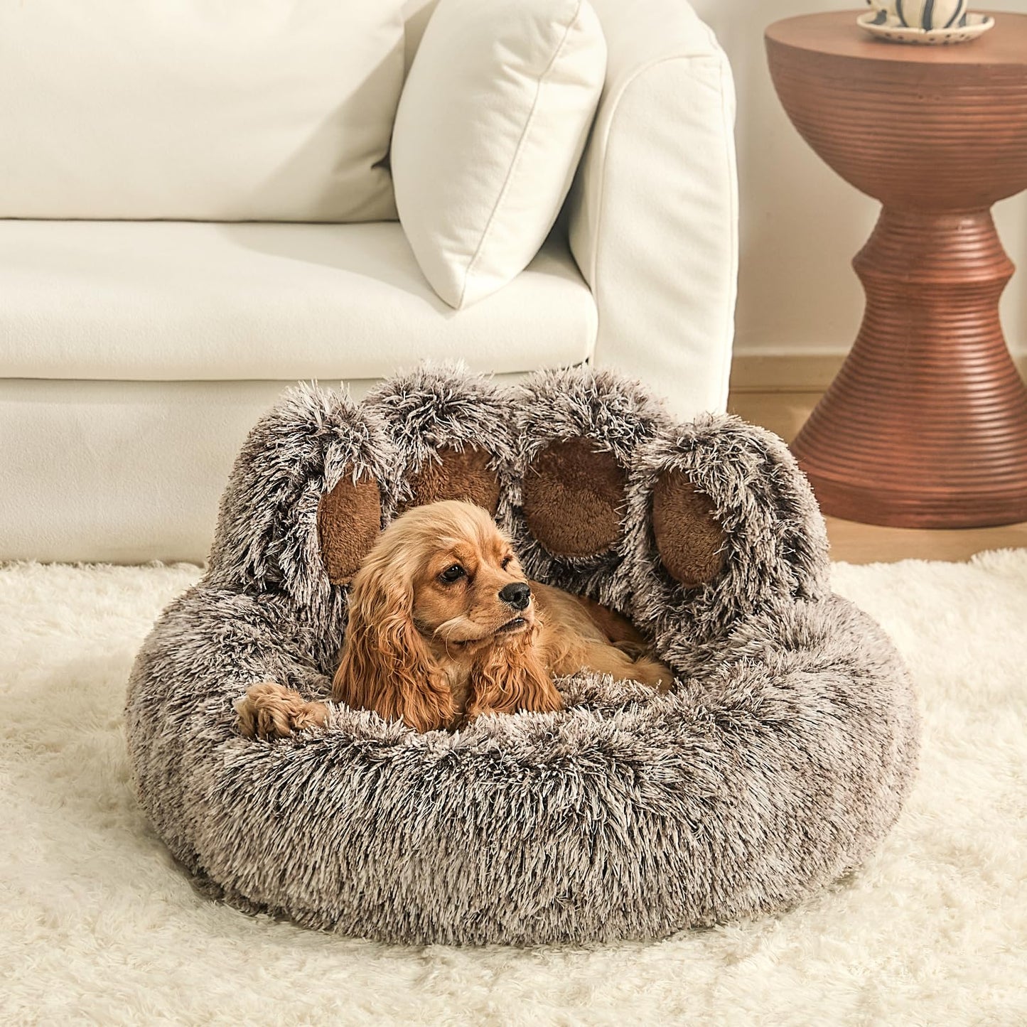 Jiupety Paw Shape Calming Pet Bed, Plush Faux Fur Donut Bed for Dogs & Cats, Machine Washable, Non-Slip Bottom, Large Size (26"×26"×8"), Gray