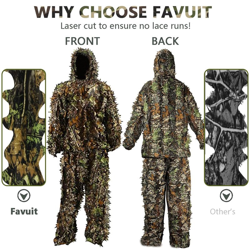 Favuit Ghillie Suit, 3D Leafy Camo Suits Hunting Camouflage Clothing Woodland Ghillie Apparel for Men Turkey Hunting Wildlife