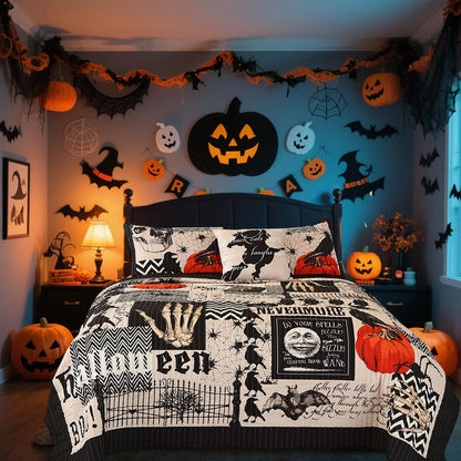 EVENHUG Halloween Quilt Set King Size Bedspread with Pillow Shams Festival Themed Bedding Sets Pumpkin Ghost Coverlet 4 Piece (104"x90")