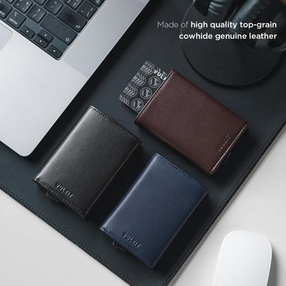 VULKIT Mens Wallet Credit Card Holder Pop up Card Case RFID Blocking Genuine Leather Card Wallet with Banknote Compartment & ID Window… (Top-Grain Cowhide Black)