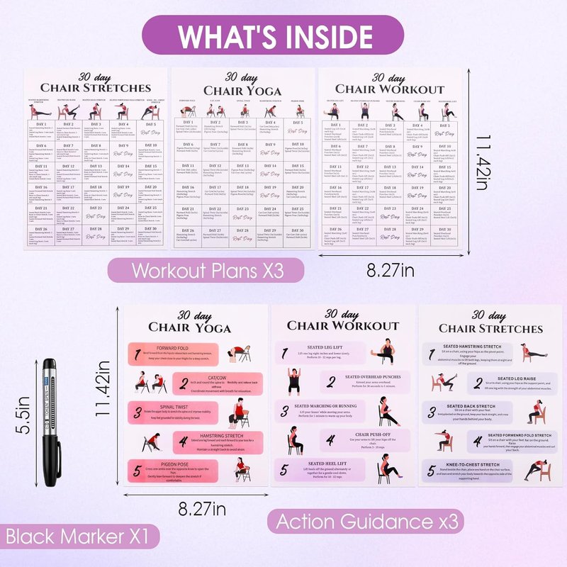 Karlaris 30-Day Chair Yoga Chart Set - 6-Pack Office Workout Posters for Seniors | Gentle Stretching & Seated Exercises
