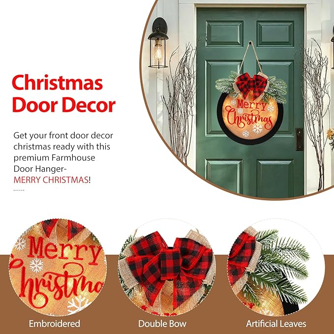HOMCDALY Merry Christmas Welcome Sign for Front Door, Winter Merry Christmas Wreath with Light, Farmhouse Door Decoration Wooden Hanging Sign, Christmas Decoration (F-Xmas-Black)