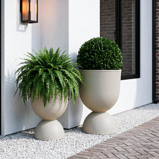 KOL Planters Flower Pots, Large Plastic Urn Planters for Indoor Outdoor Plants, Beige Pedestal Planter 2 Pack, 18 Inch+23 Inch, Decorative Planters with Drainage Holes & Plugs for Porch Garden